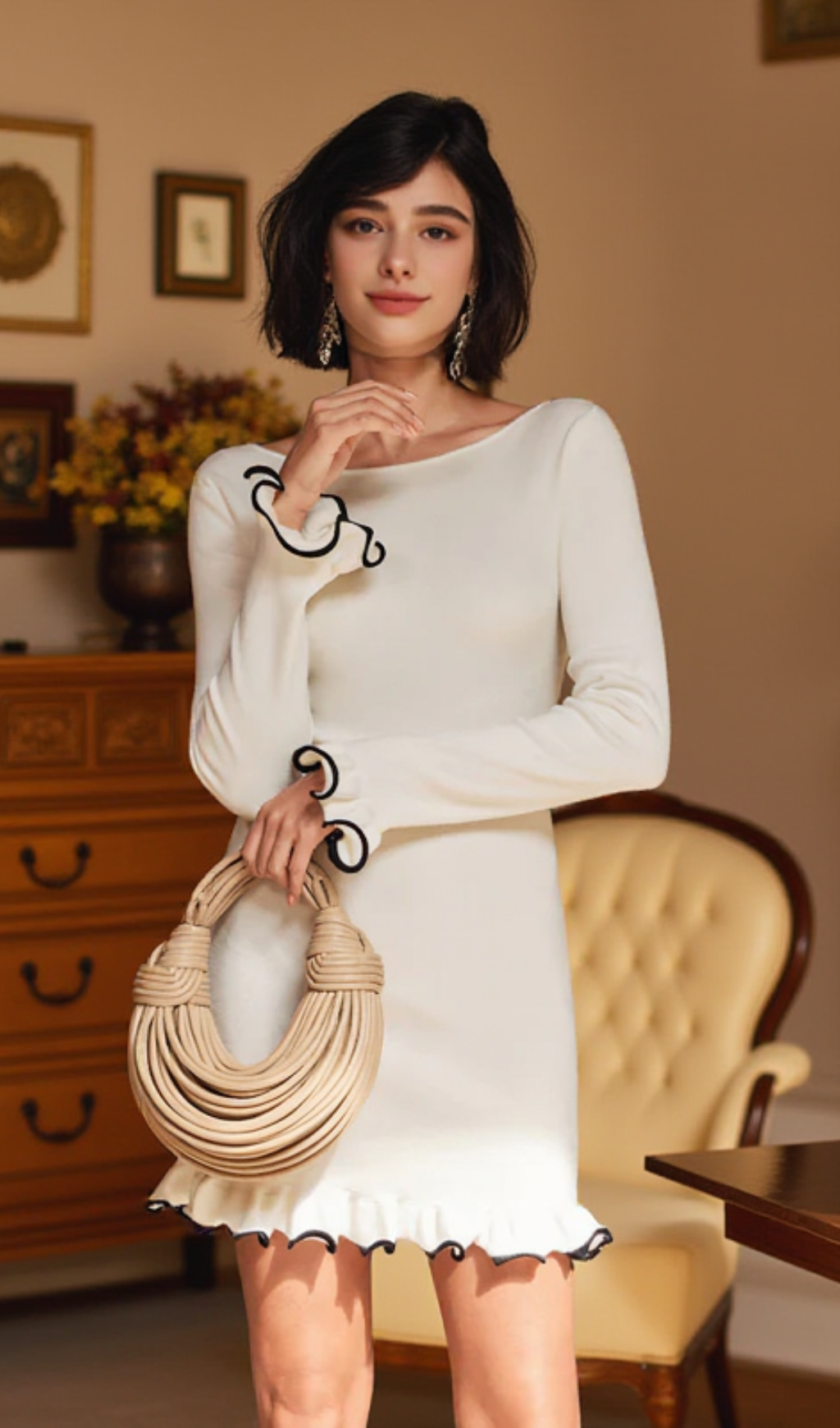 TIONNE LANGÄRMELIGES MINIKLEID AUS STRICK MIT RÜSCHEN IN WEISS