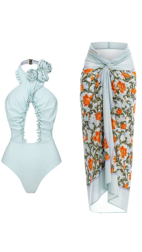 AIIZIE BLUE HALTER 3D FLOWER ONE PIECE SWIMSUIT AND SARONG - product image