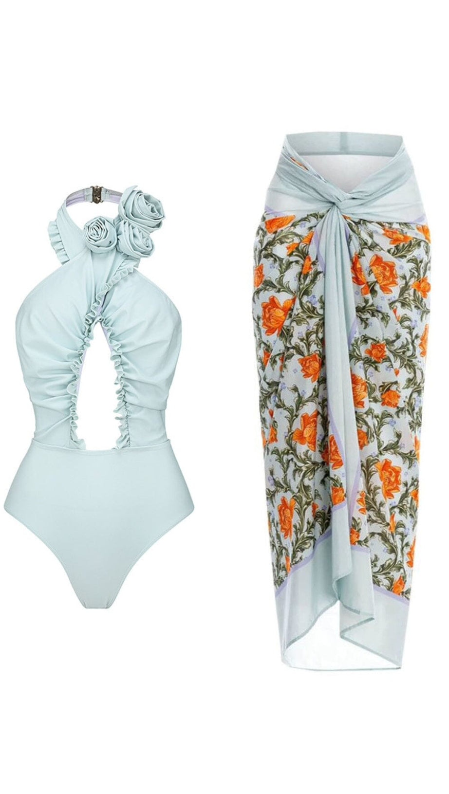 BLUE HALTER 3D FLOWER ONE PIECE SWIMSUIT AND SARONG