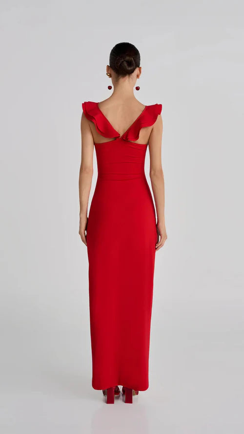 AIIZIE FLORAL RUFFLE TRIM HALTER MIDI DRESS IN RED - product image