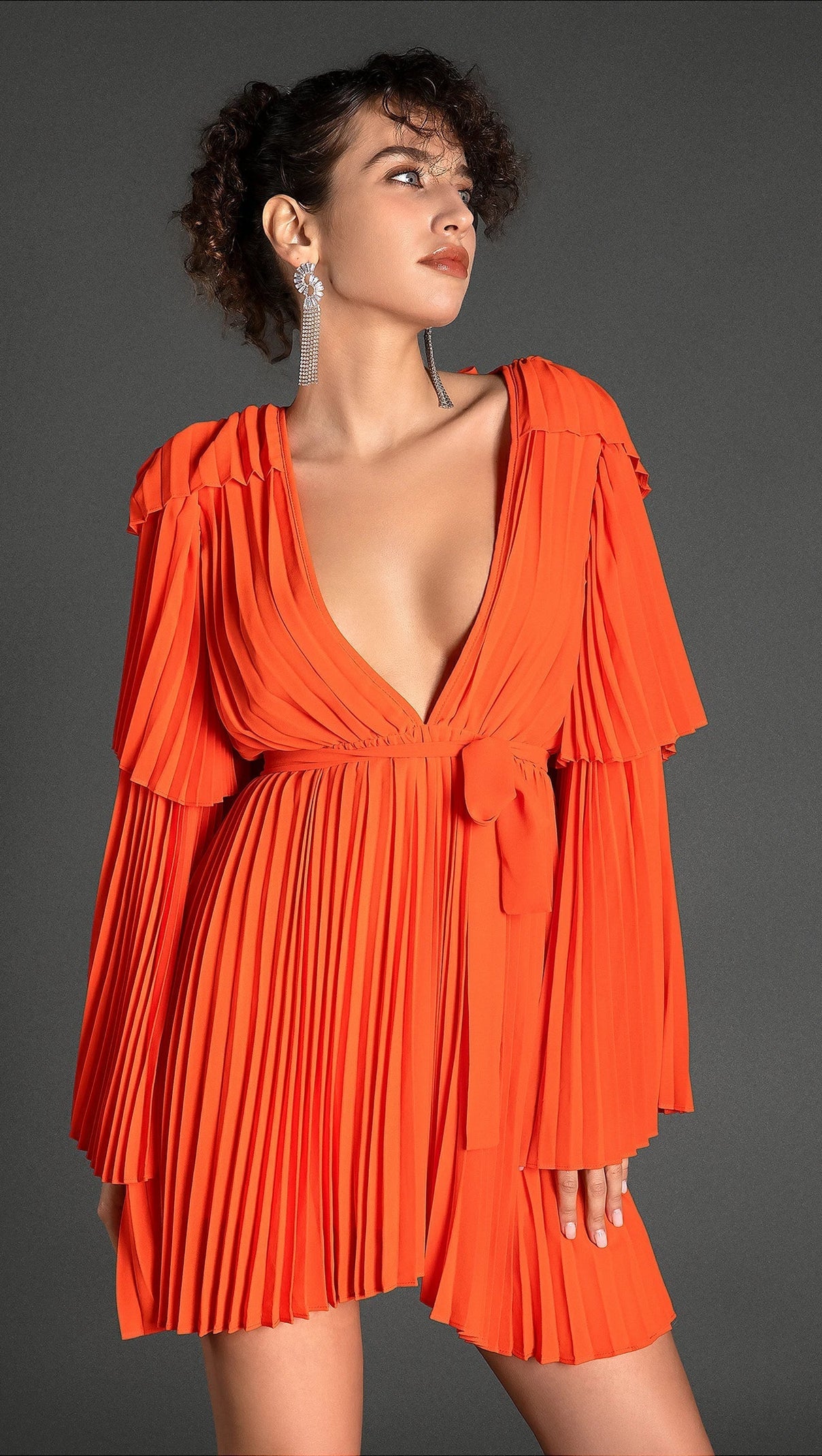 AIIZIE SAPPHO V-NECK BELL SLEEVE PLEATED DRESS - product image