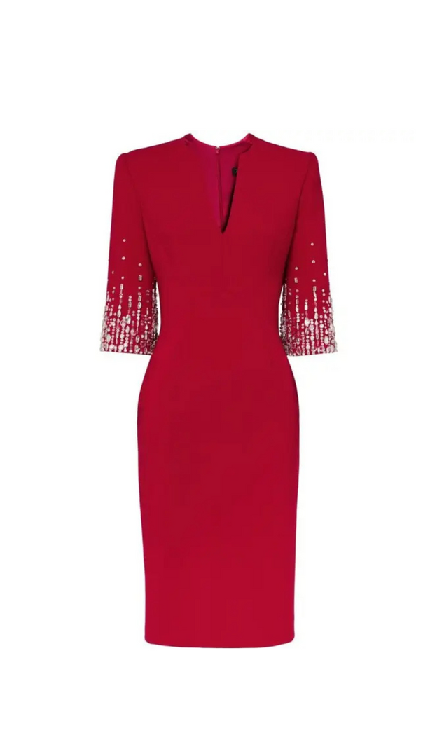 AIIZIE BIELA V-NECK CRYSTAL-EMBELLISHED MIDI DRESS IN RED - product image