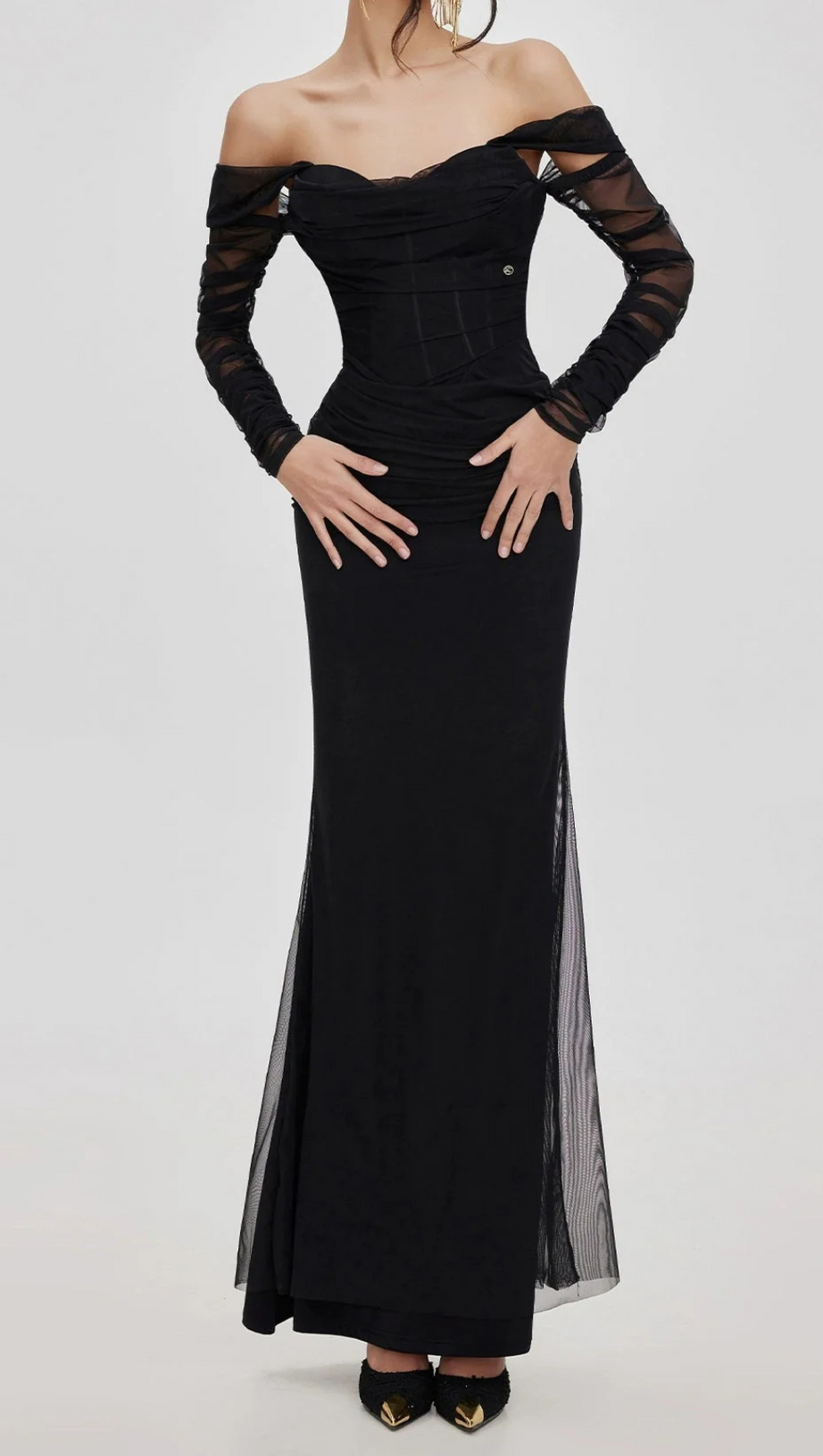 ARIEL BLACK MESH OFF-SHOULDER MERMAID MAXI DRESS
