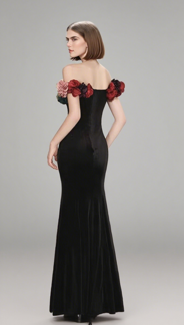 AIIZIE ONE-SHOULDER GOLD VELVET FISHTAIL MAXI DRESS IN BLACK - product image