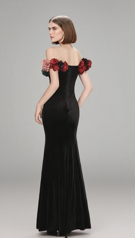 ONE-SHOULDER GOLD VELVET FISHTAIL MAXI DRESS IN BLACK