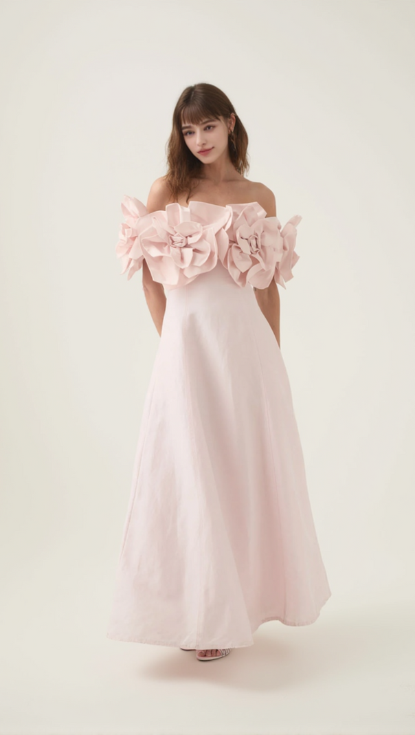 AIIZIE ETTA FLOWER STRAPLESS MIDI DRESS IN PINK - product image