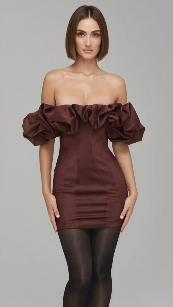 AIIZIE BURGUNDY SATIN RUFFLE STRAPLESS MINI DRESS - product image