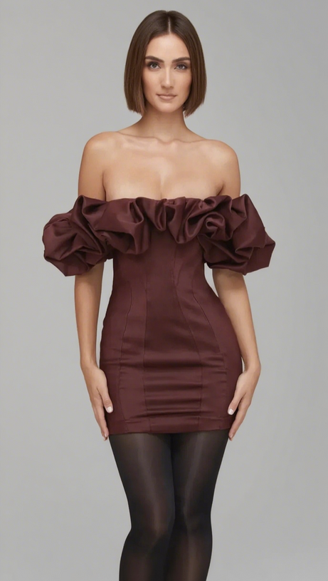 BURGUNDY SATIN RUFFLE STRAPLESS MINI DRESS