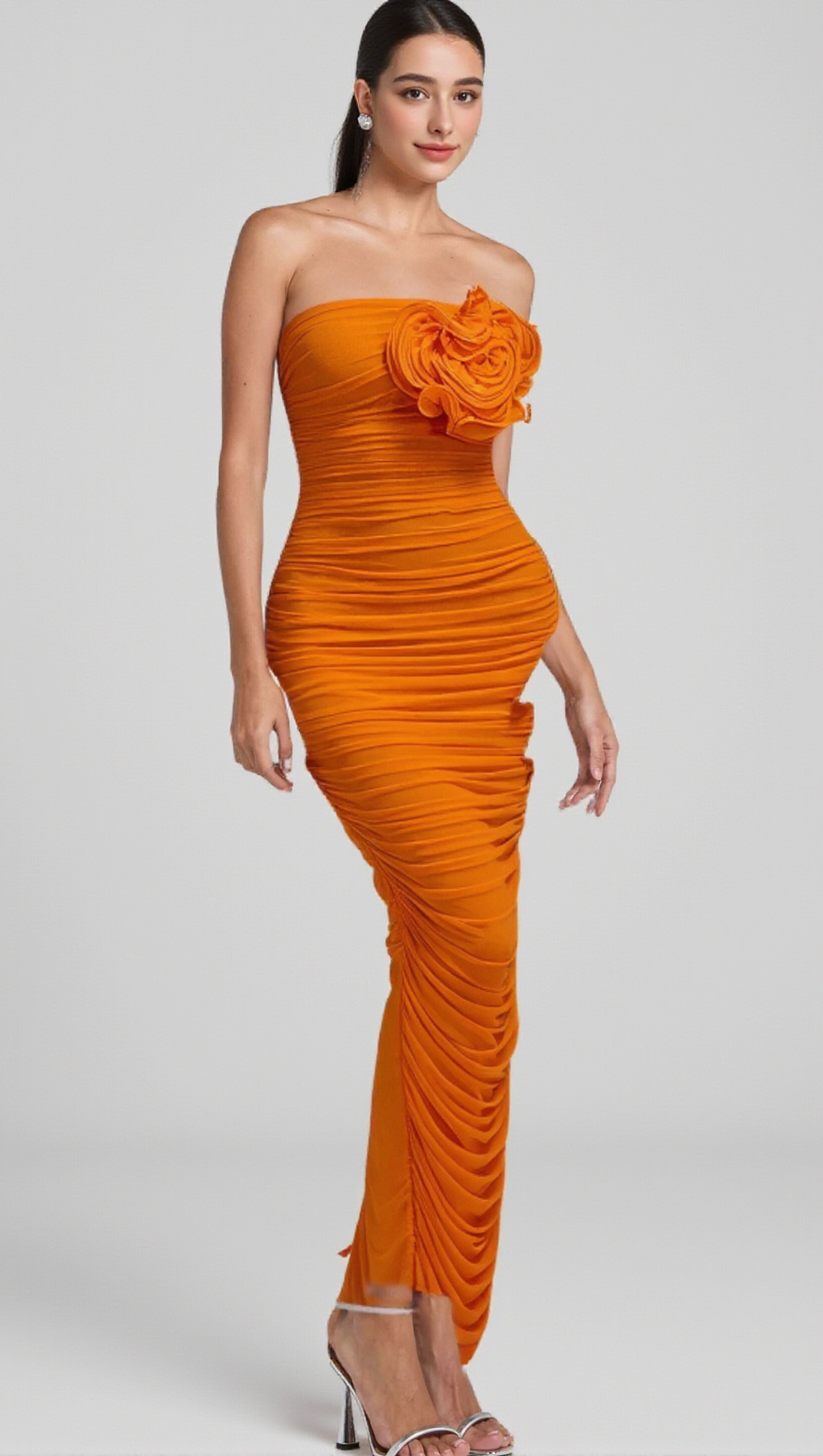 ORANGE OPEN BACK RUCHED FLOWER BODYCON MAXI DRESS