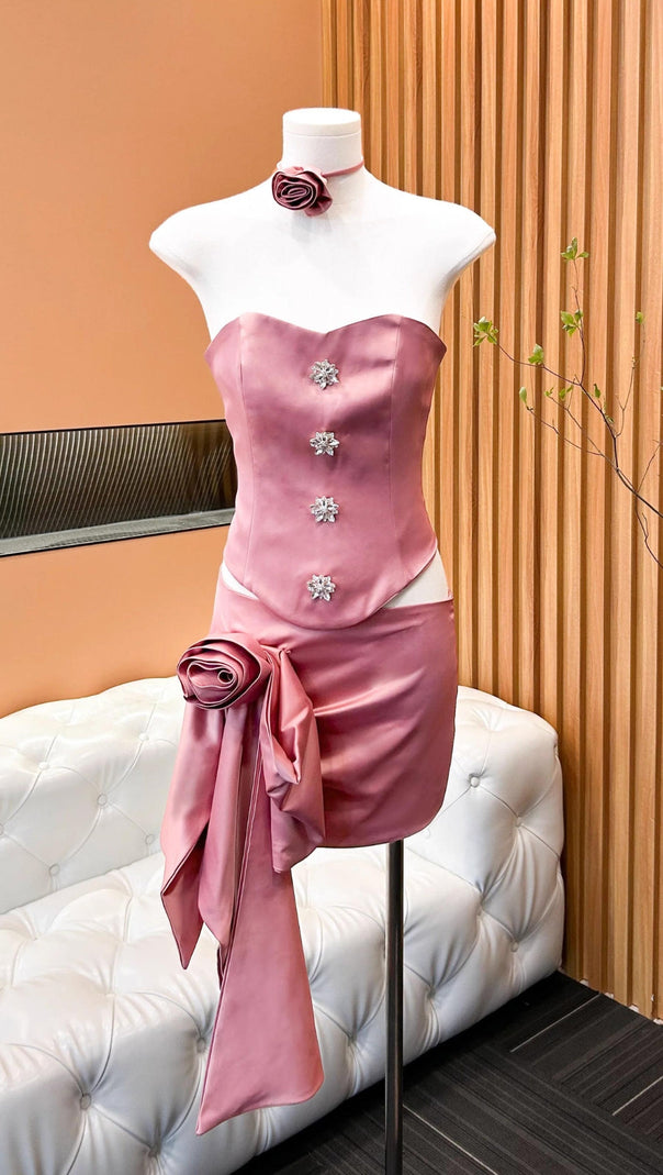 AIIZIE AMBERLY PINK SATIN FLOWER SKIRT SET - product image