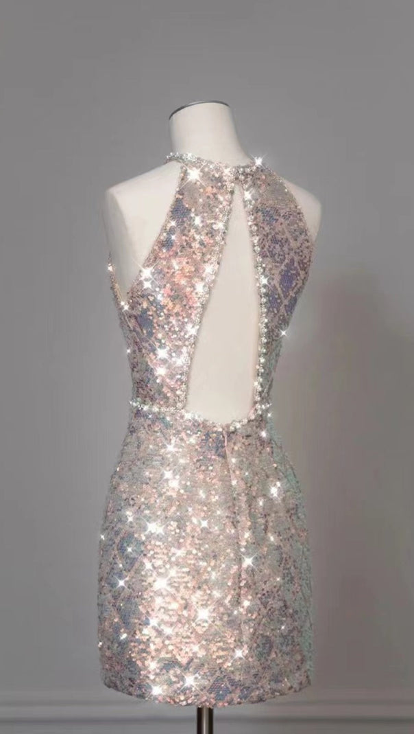 AIIZIE SEQUIN HALTER GAUZE BOW MINI DRESS - product image