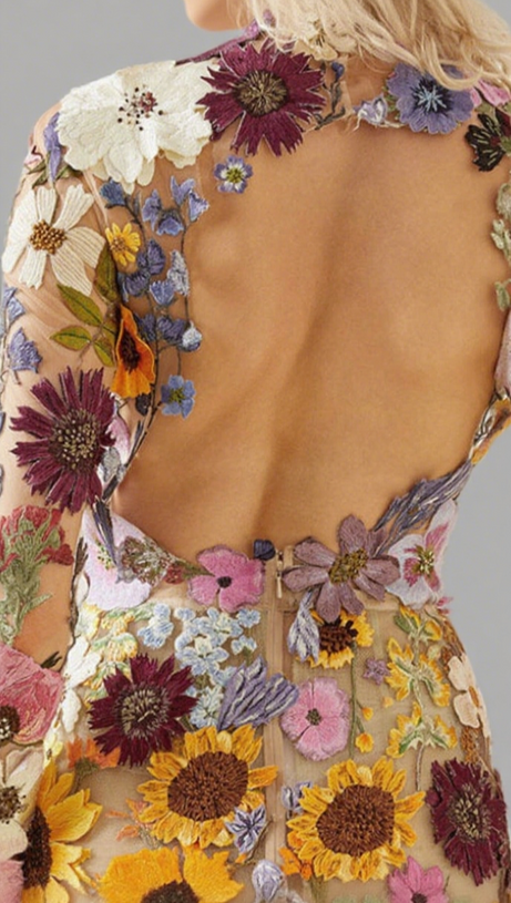 EMBROIDERED FLOWER LONG SLEEVE MINI DRESS