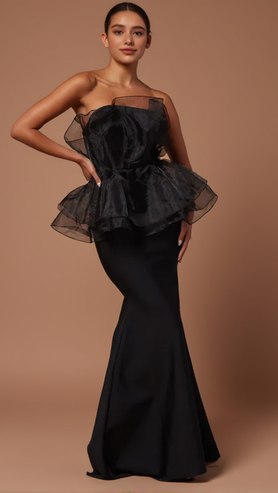CEDRICA STRAPLESS MESH MAXI BANDAGE DRESS IN BLACK