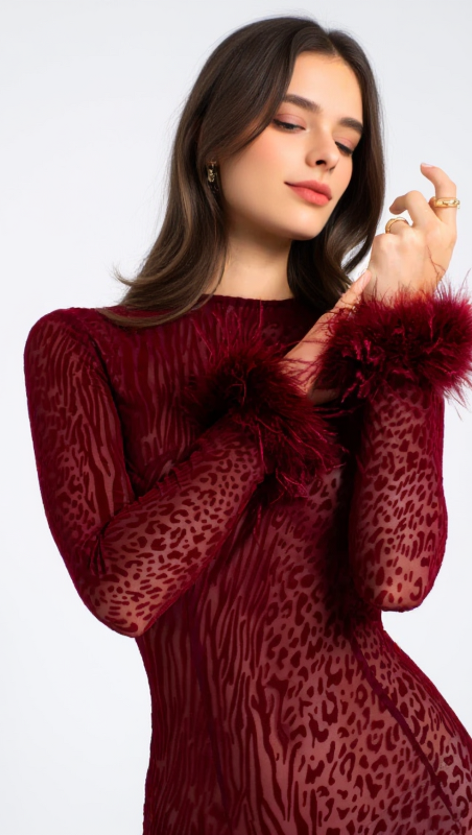 BURGUNDY MESH FEATHER MAXI DRESS