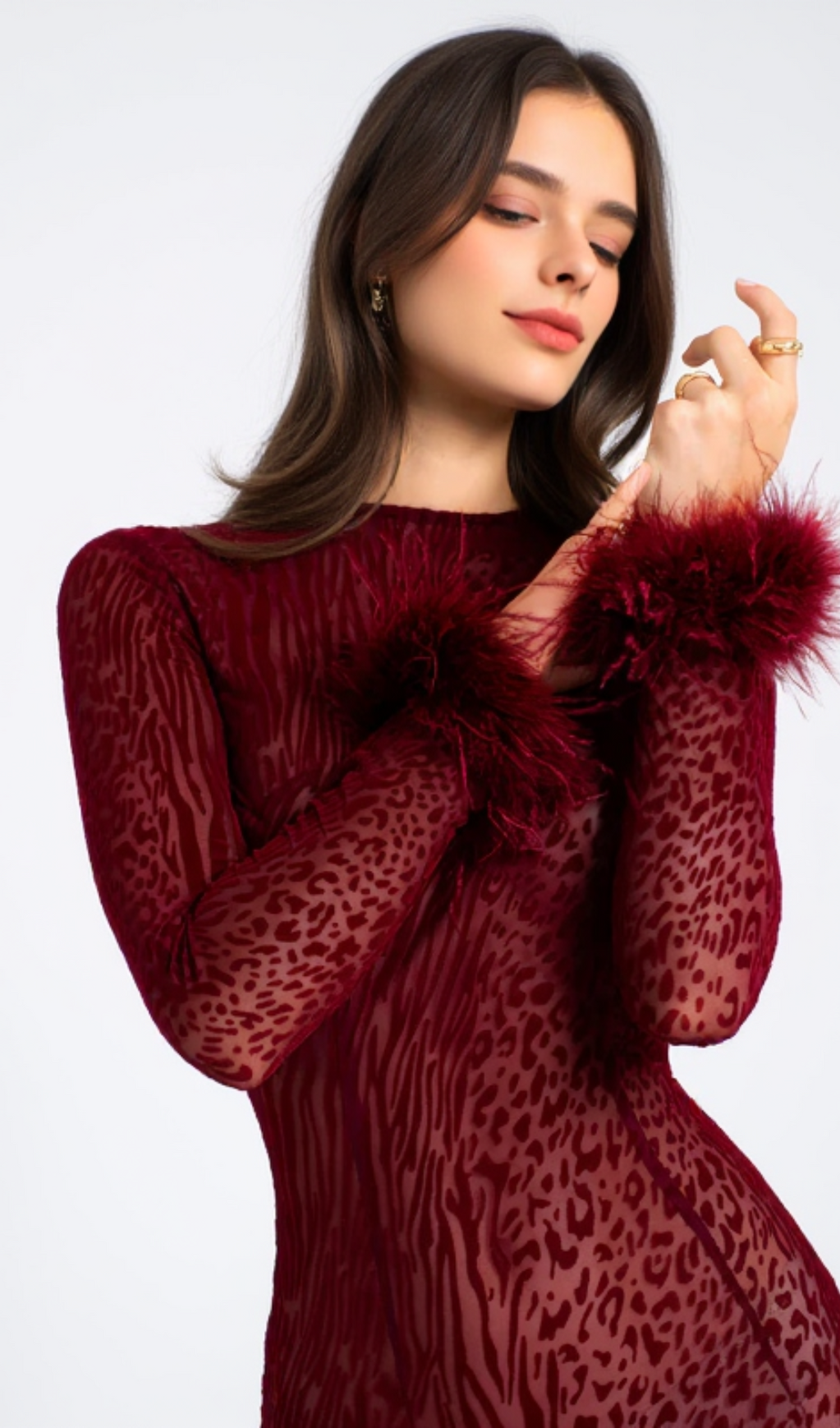 BURGUNDY MESH FEATHER MAXI DRESS