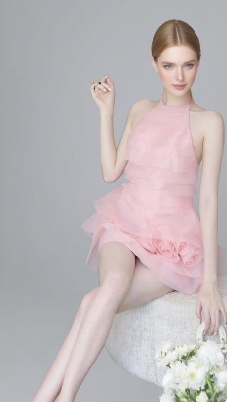 3D FLOWER HALTER RUFFLE LAYER MINI DRESS IN PINK