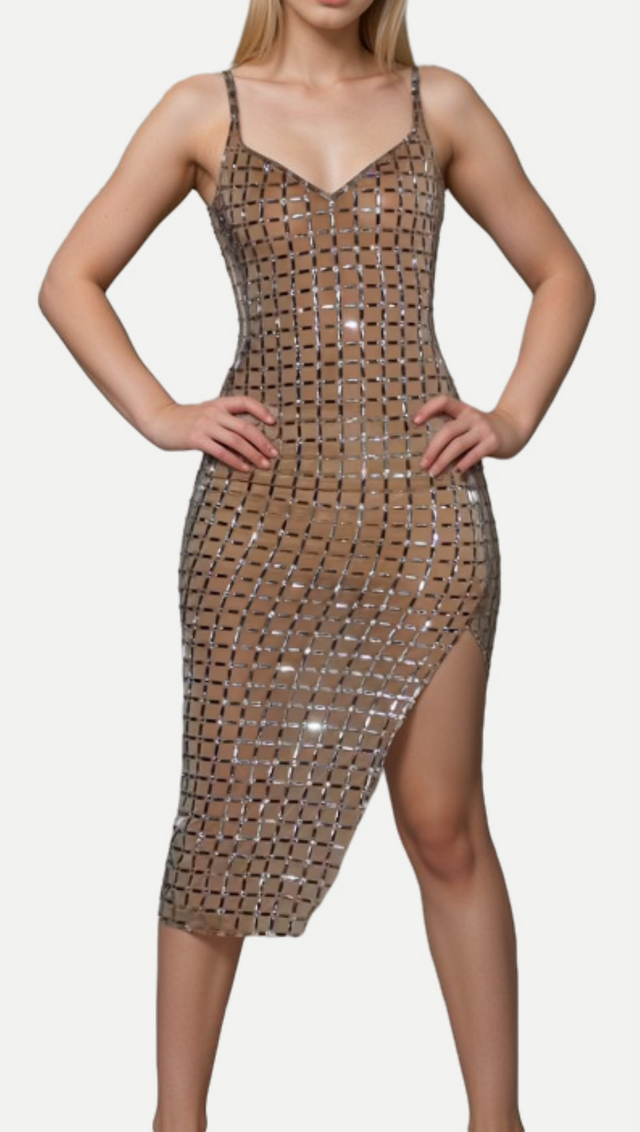 SEQUIN-EMBELLISHED SLIT MIDI DRESS IN APRICOT