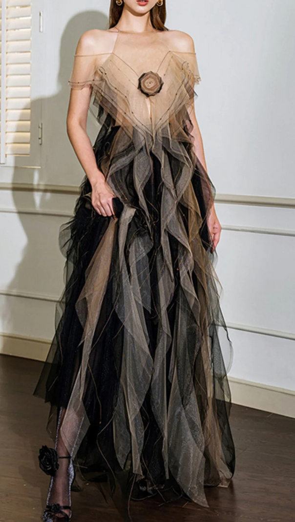 AIIZIE VALERIE FLORAL RUFFLED TULLE MAXI DRESS IN BLACK - product image
