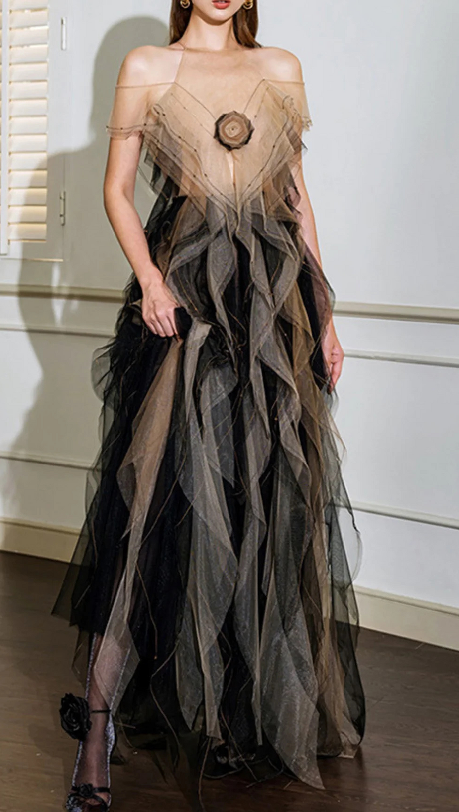 VALERIE FLORAL RUFFLED TULLE MAXI DRESS IN BLACK