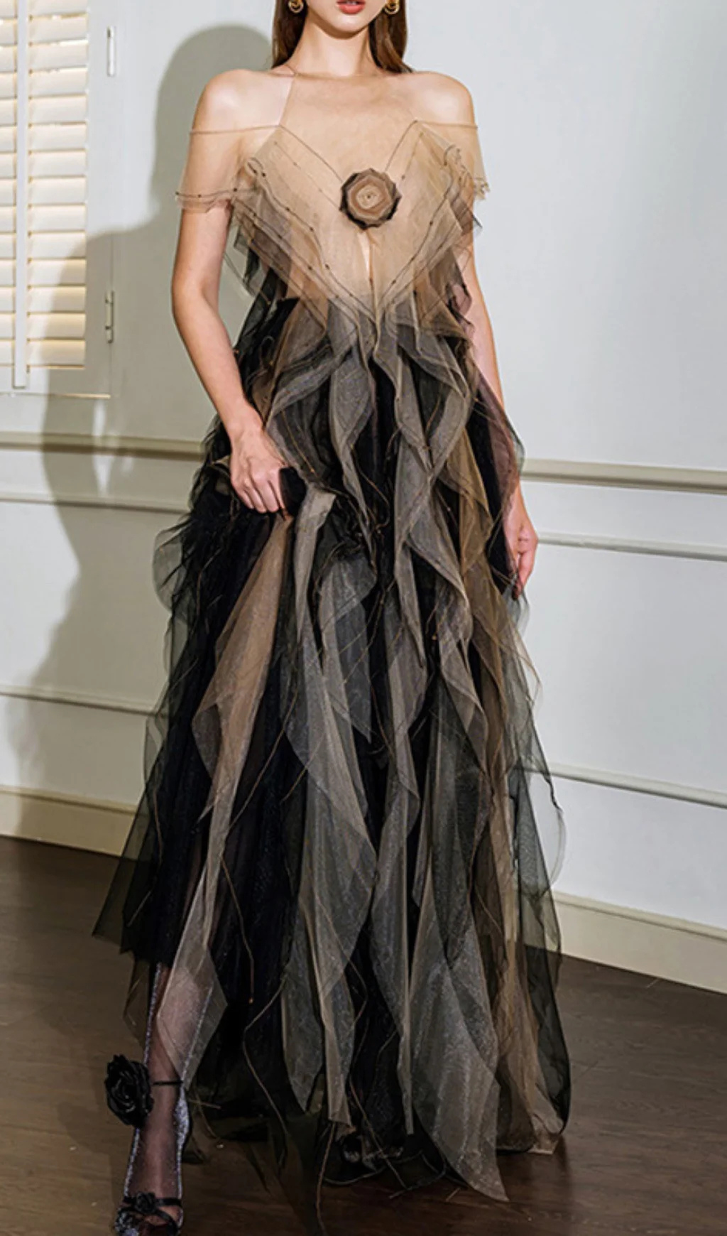 VALERIE FLORAL RUFFLED TULLE MAXI DRESS IN BLACK