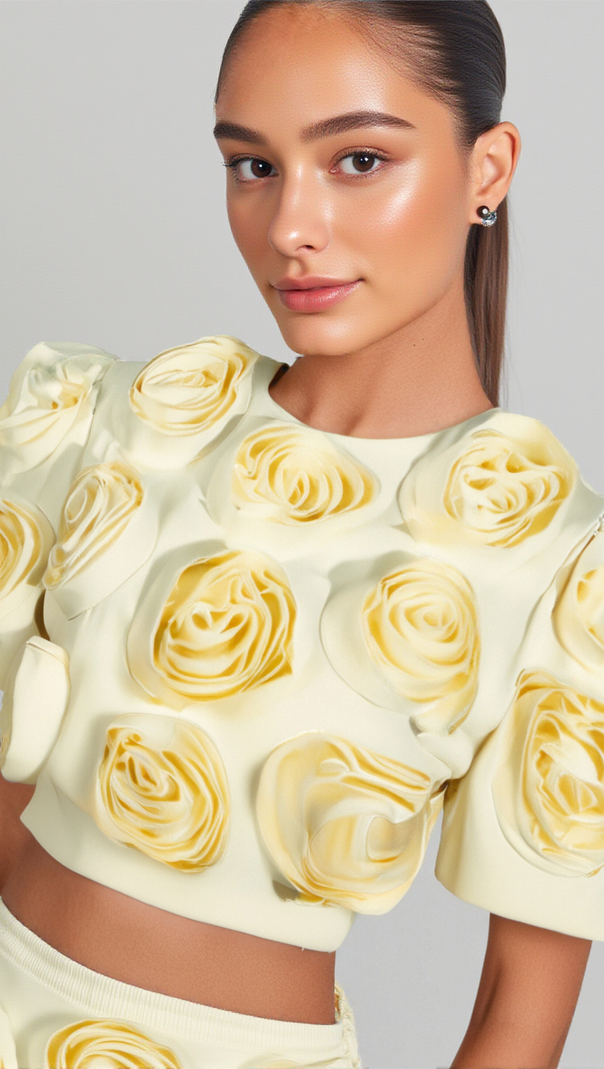 AIIZIE 3D FLOWER BUBBLE SLEEVE TOP SKIRT SUIT IN YELLOW - product image