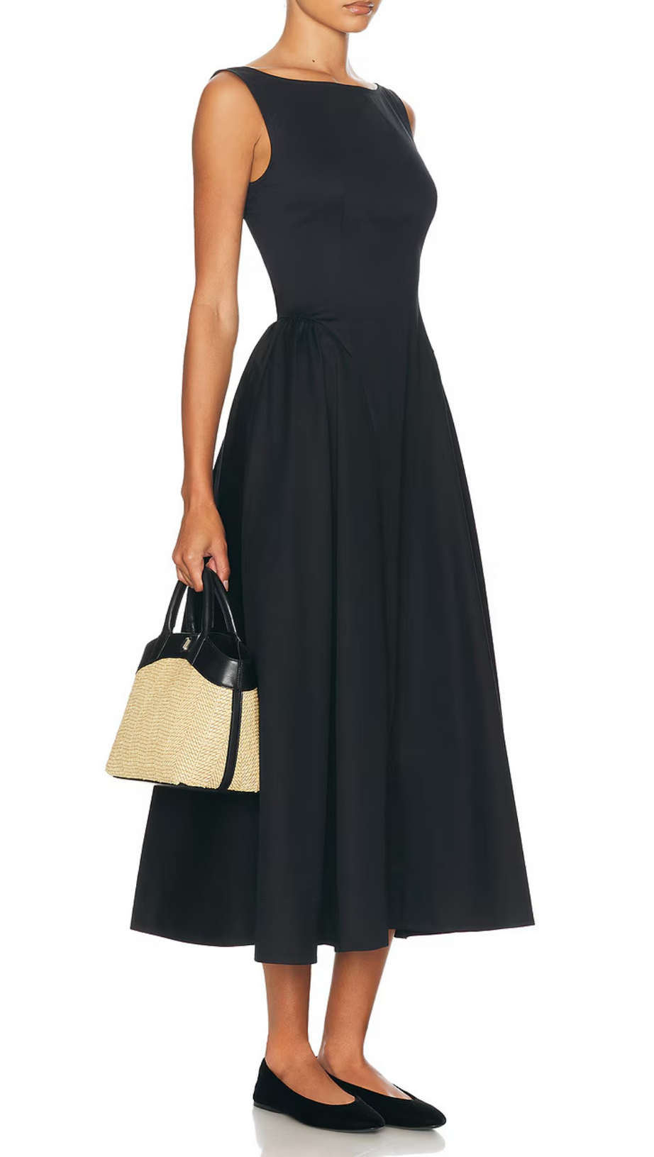 STRETCH COTTON SATEEN MIDI DRESS IN BLACK