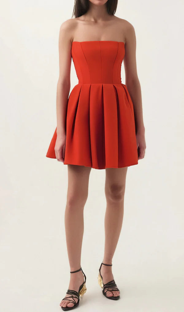 AIIZIE TOMATO RED STRAPLESS PLEATED MINI DRESS - product image