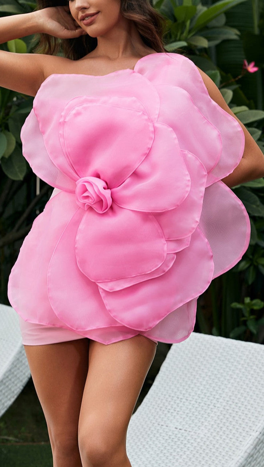 ONE SHOULDER FLOWER MINI DRESS IN PINK