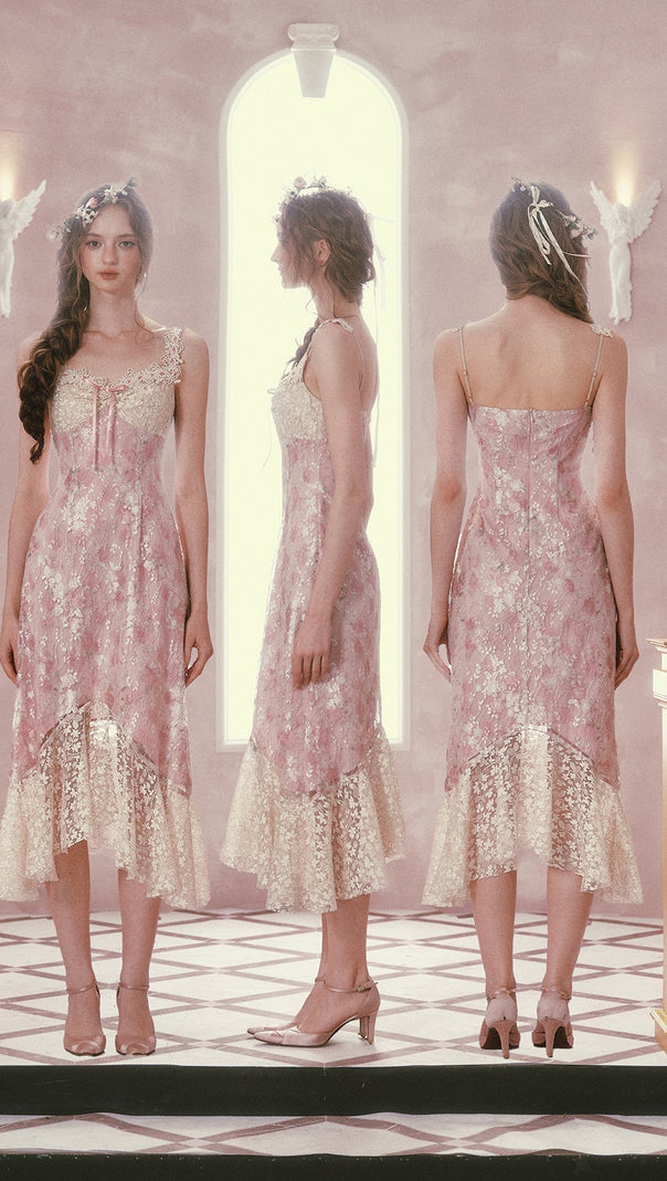 mandy Floral lace embroidery midi dress - pink