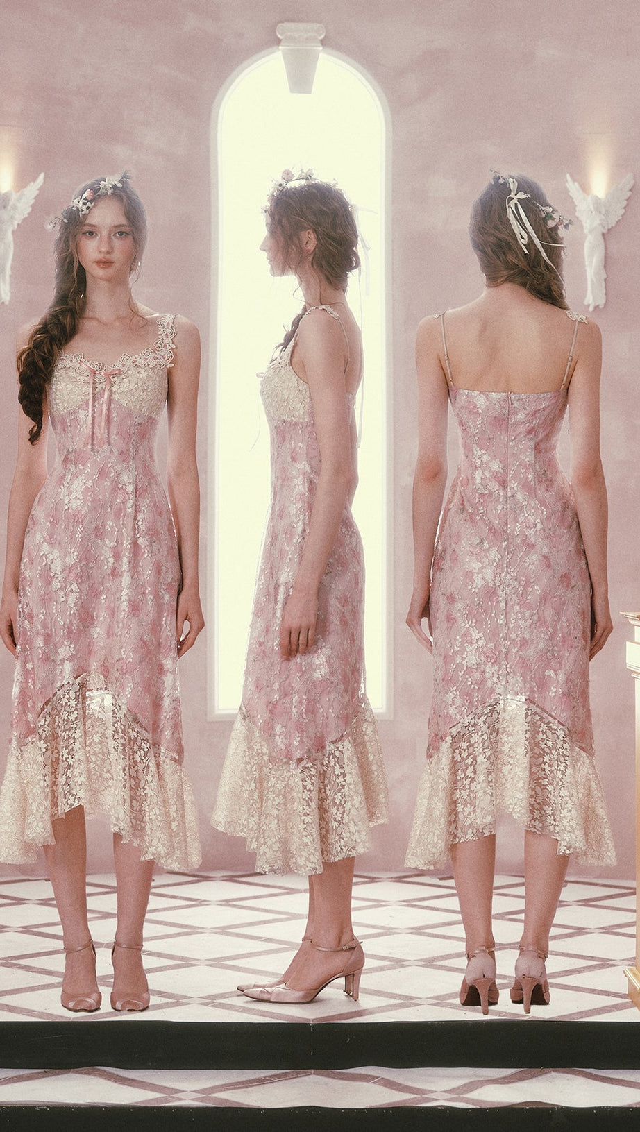 mandy Floral lace embroidery midi dress - pink
