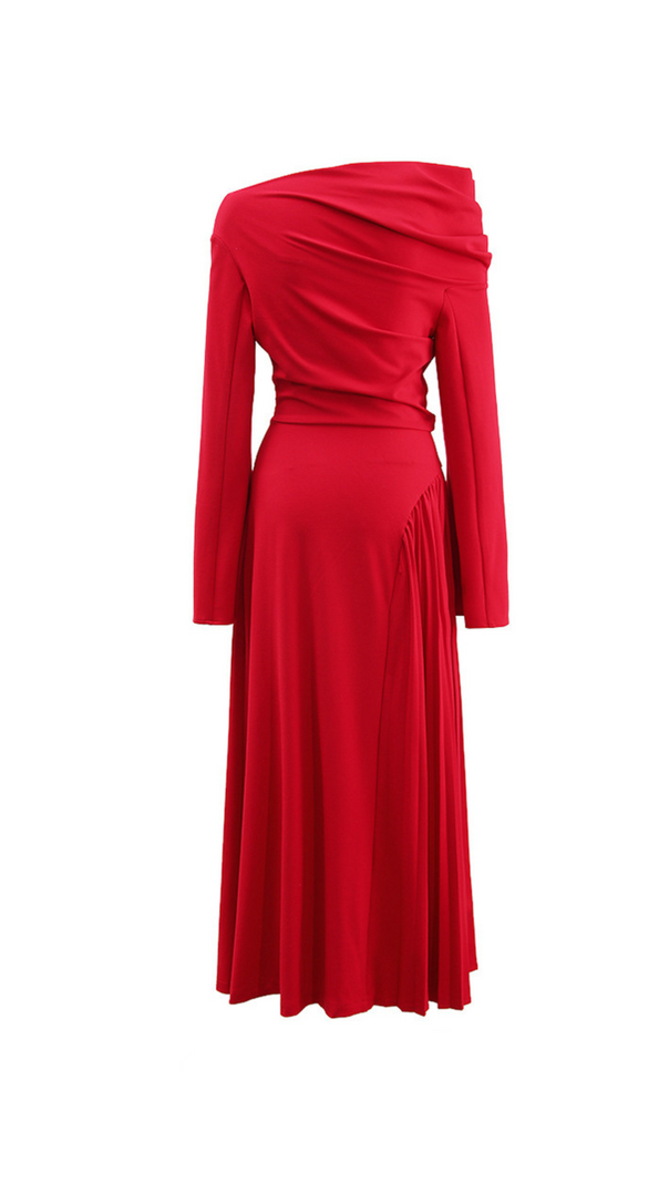 AIIZIE ALBERTA RED ONE SHOULDER SLIT PLEATED MAXI DRESS - product image