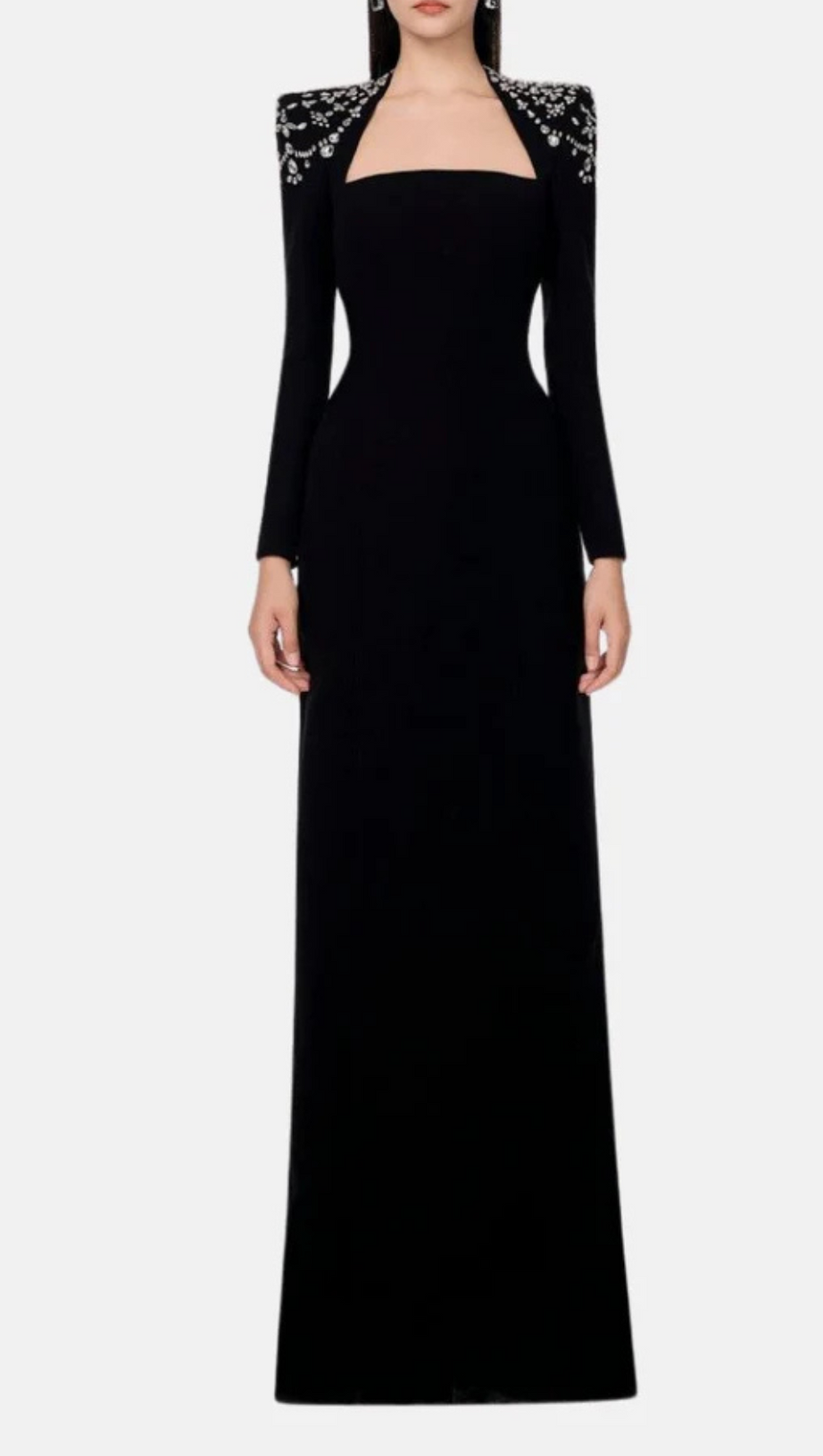 CRYSTAL-EMBELLISHED BLACK LONG SLEEVE MAXI DRESS