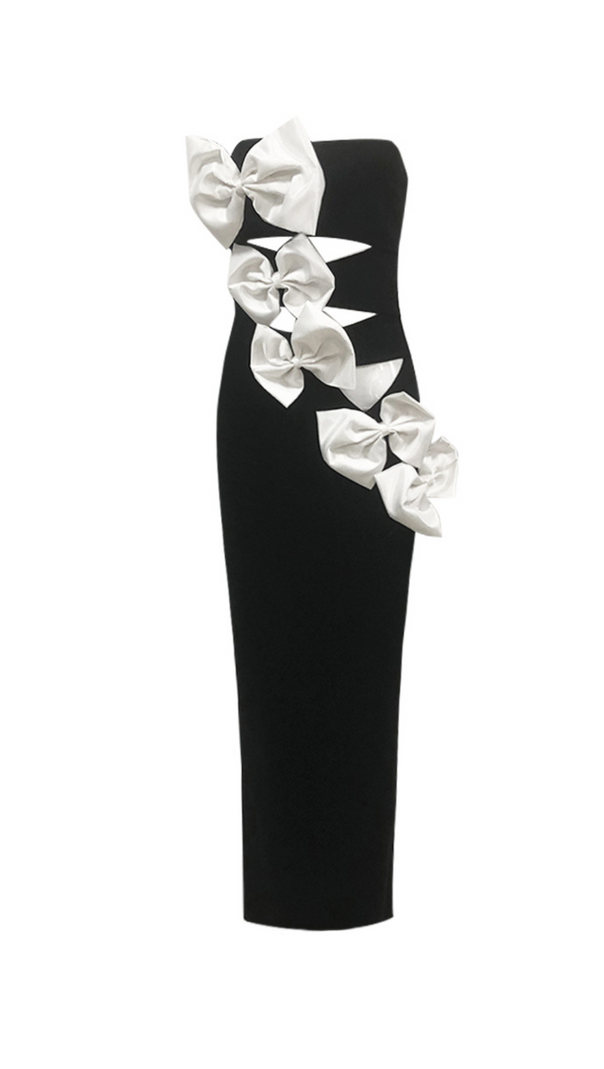 AIIZIE FLOWER EMBELLISHED BLACK STRAPLESS MAXI DRESS - product image