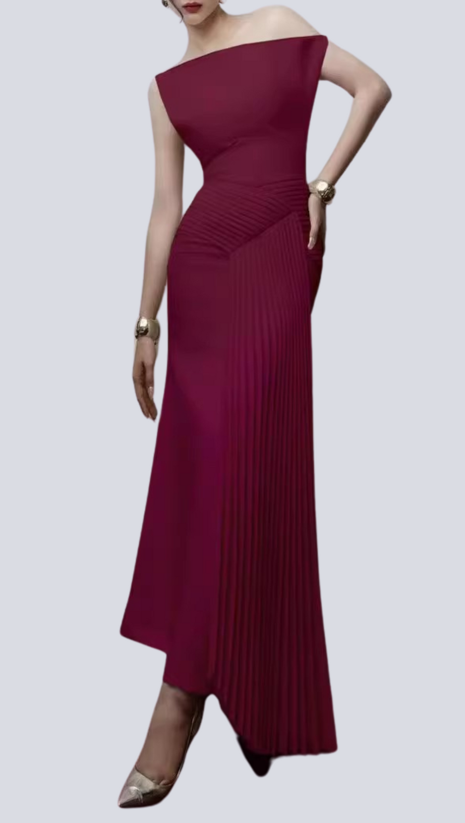 RED RUCHED DRAPED ASYMMETRIC MAXI DRESS