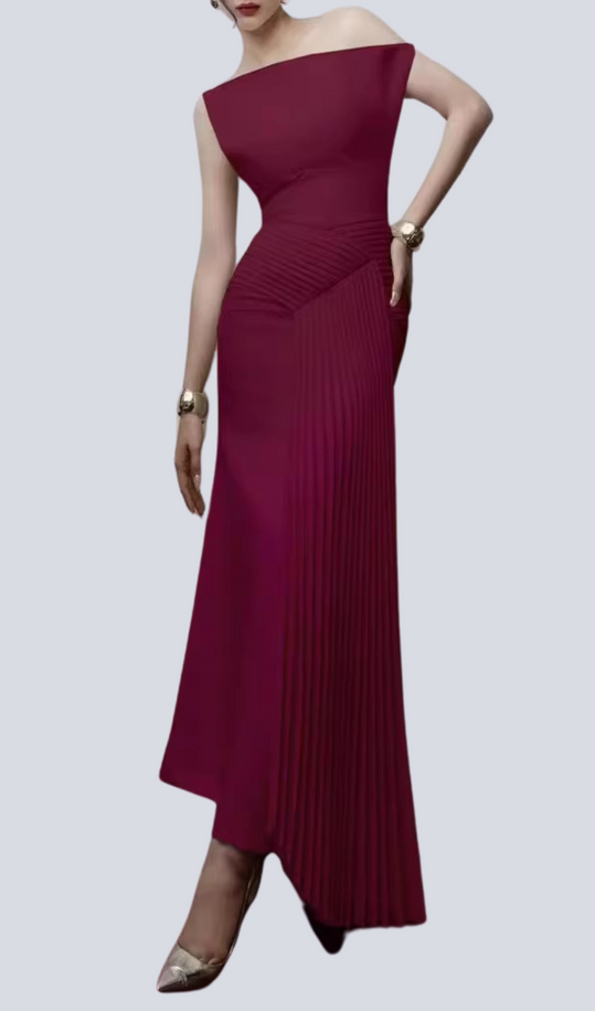 RED RUCHED DRAPED ASYMMETRIC MAXI DRESS