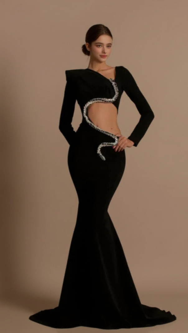 AIIZIE RHINESTONE EMBELLISHED FLOOR-LENGTH DRESS IN BLACK - product image