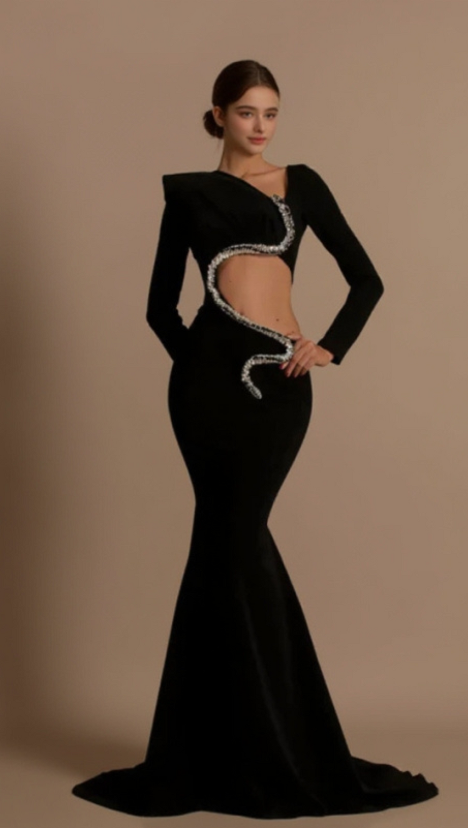 RHINESTONE EMBELLISHED FLOOR-LENGTH DRESS IN BLACK