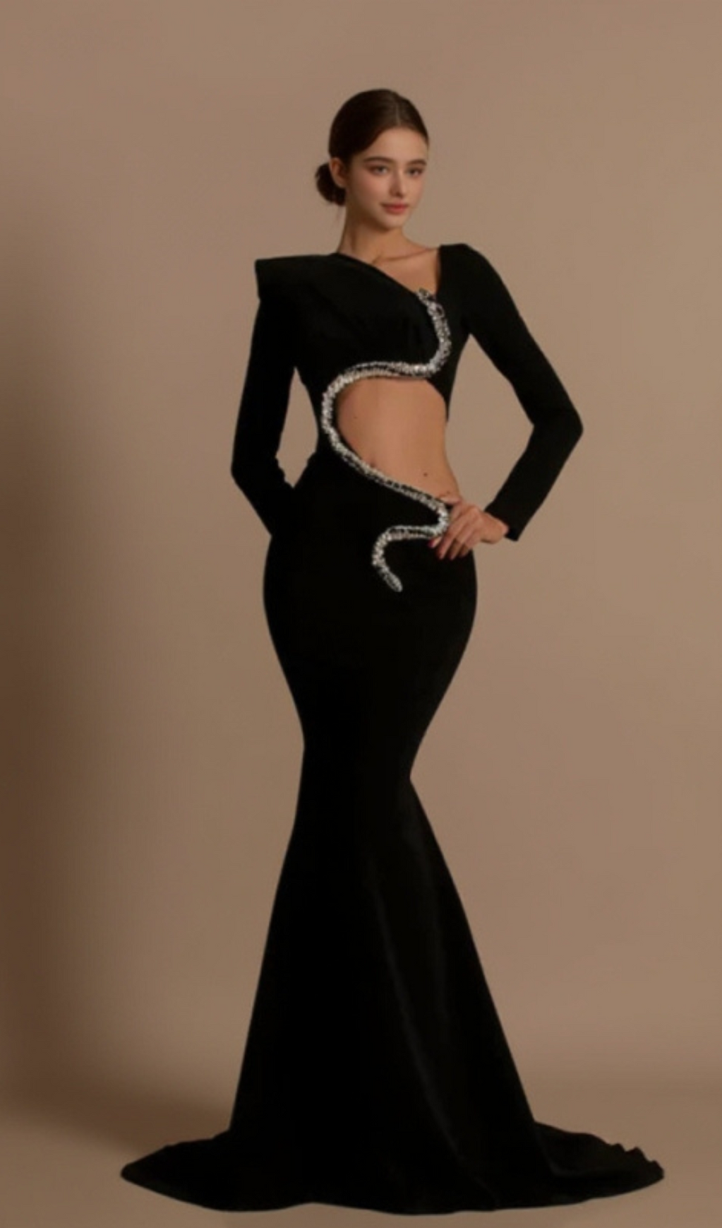 RHINESTONE EMBELLISHED FLOOR-LENGTH DRESS IN BLACK