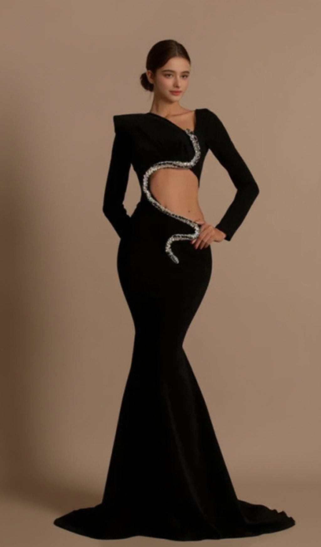 RHINESTONE EMBELLISHED FLOOR-LENGTH DRESS IN BLACK