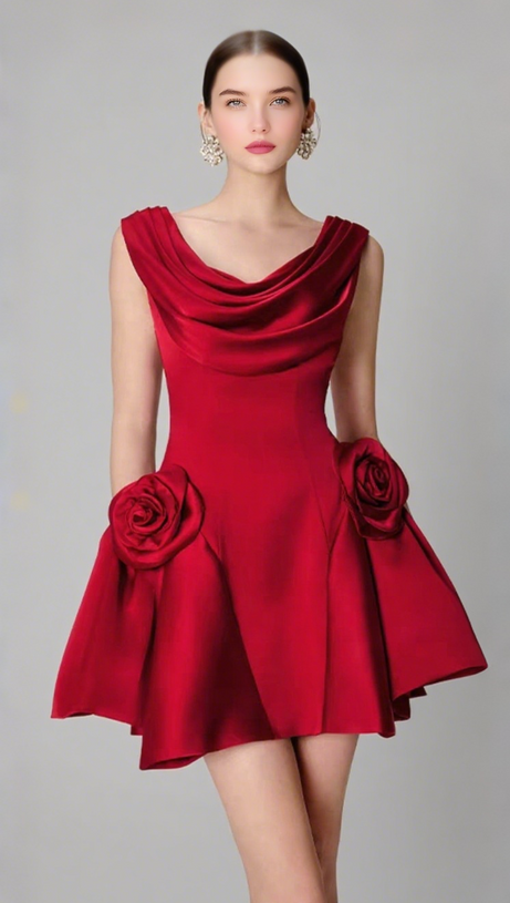 3D FLOWER PLEATED SLEEVELESS MINI DRESS