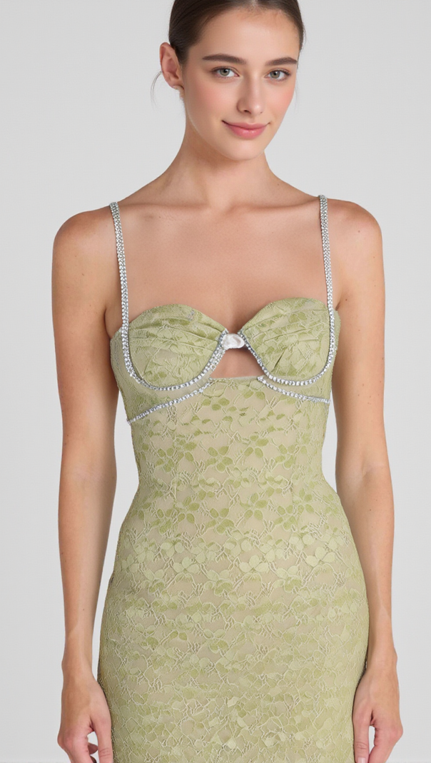 AIIZIE LACE FLORAL CRYSTAL CHAIN BUSTIER MIDI DRESS - product image