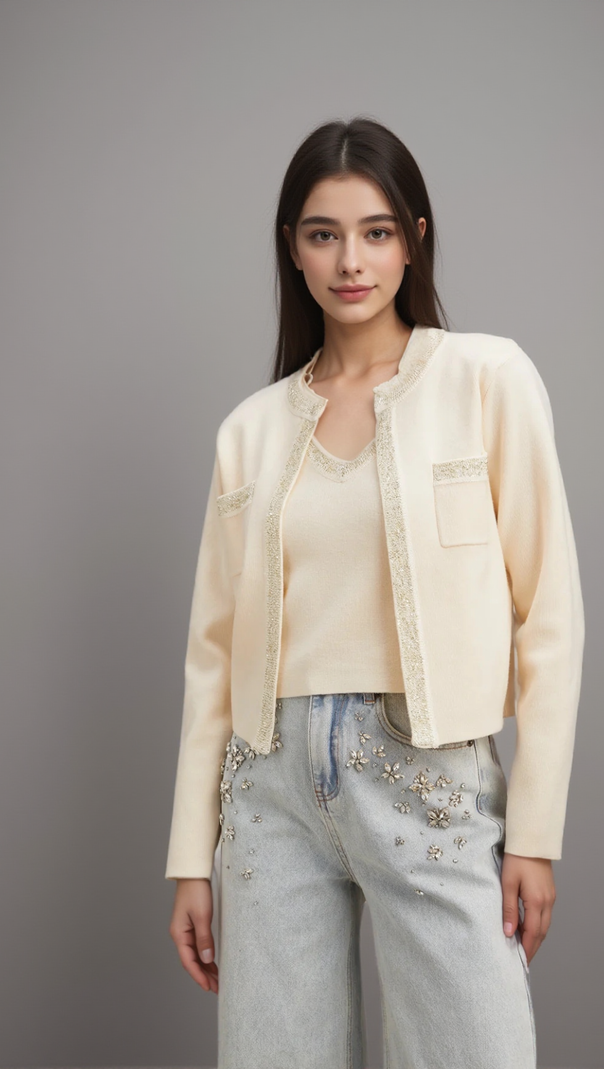 AIIZIE CELIA WHITE SEQUINED FINE-KNIT CROPPED TOP - product image
