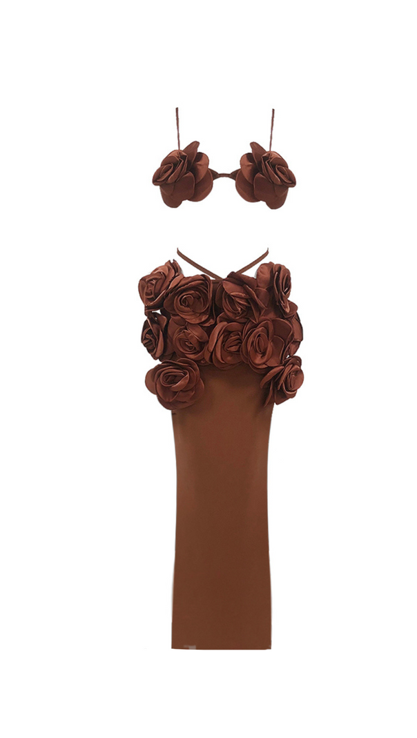 AIIZIE EVANGELINE 3D FLOWER CROP TOP SKIRT SET IN BROWN - product image