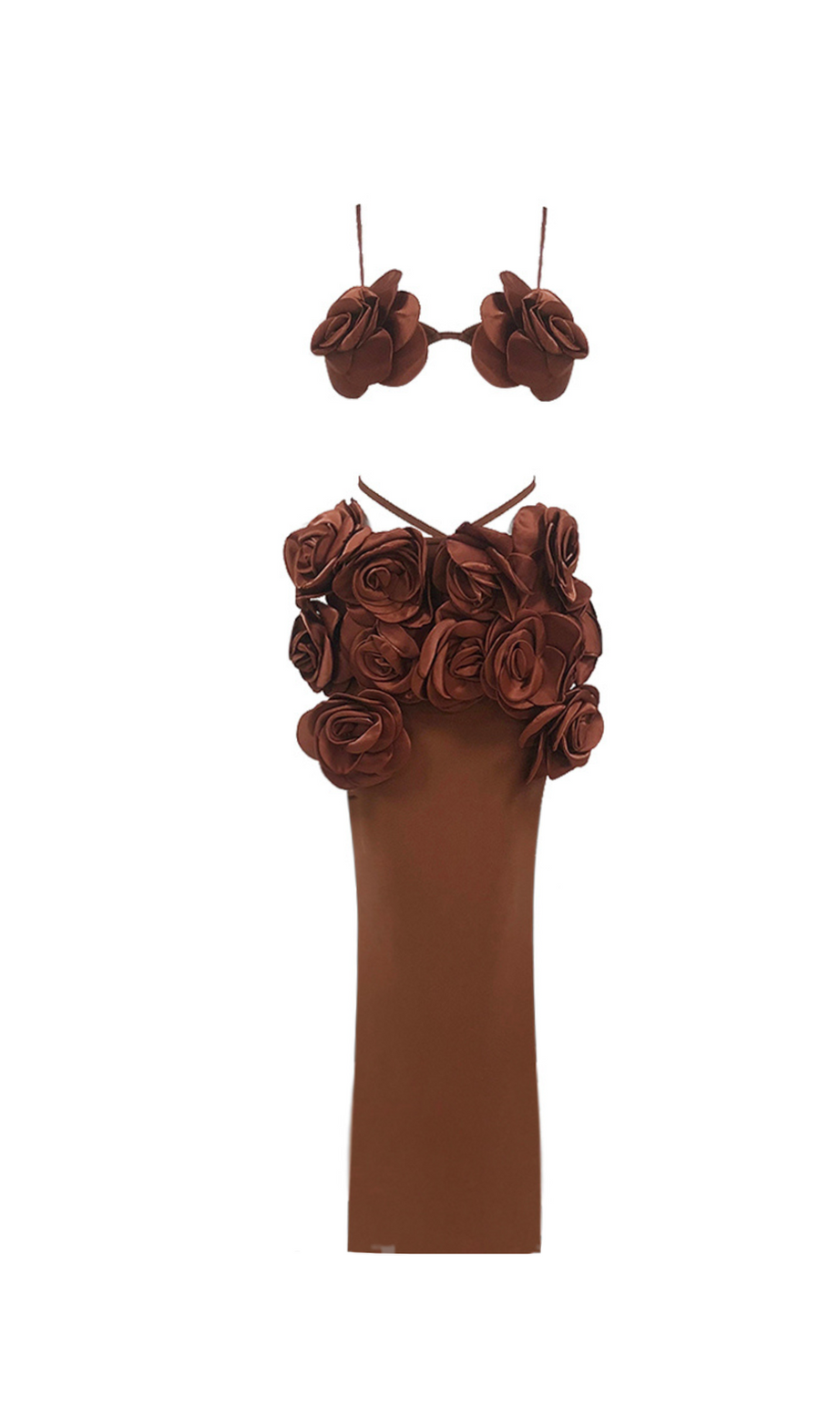 Completo gonna corta con fiori 3D EVANGELINE color marrone