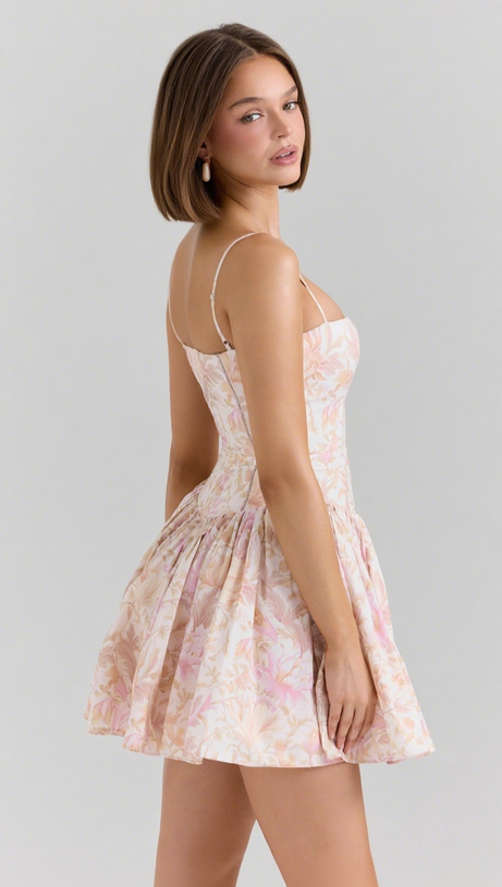 MINI ABITO IN COTONE ELASTICIZZATO CON FIORI PESCA