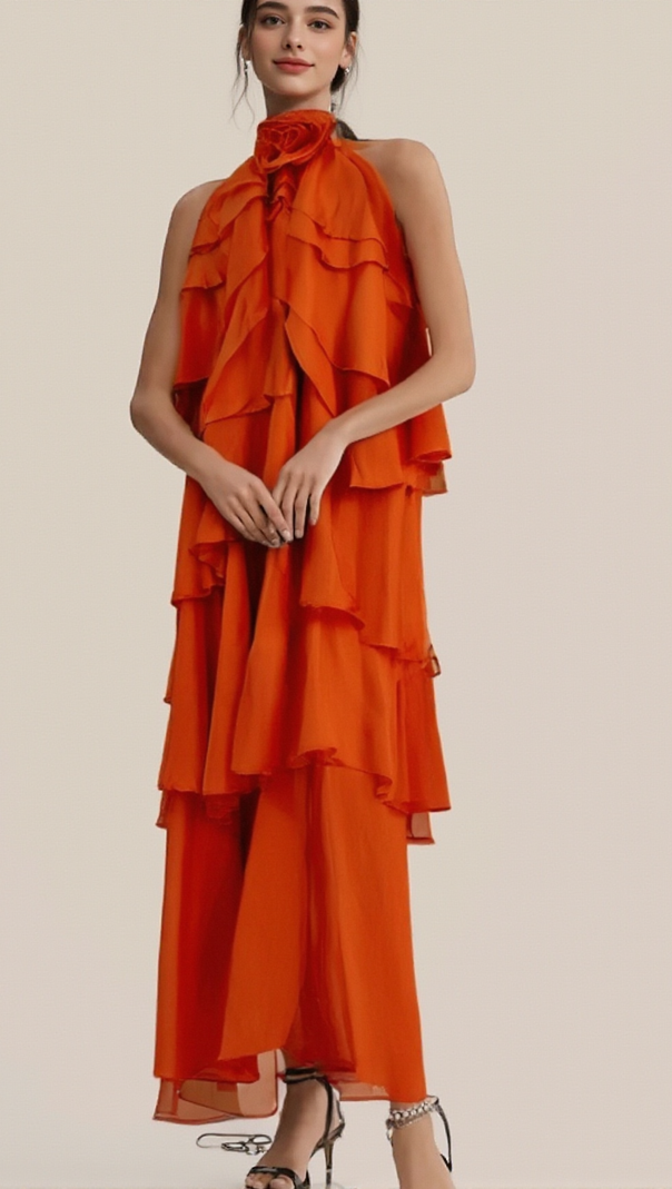 AIIZIE CARRIE ORANGE HALTERNECK FLOUNCED MAXI DRESS - product image