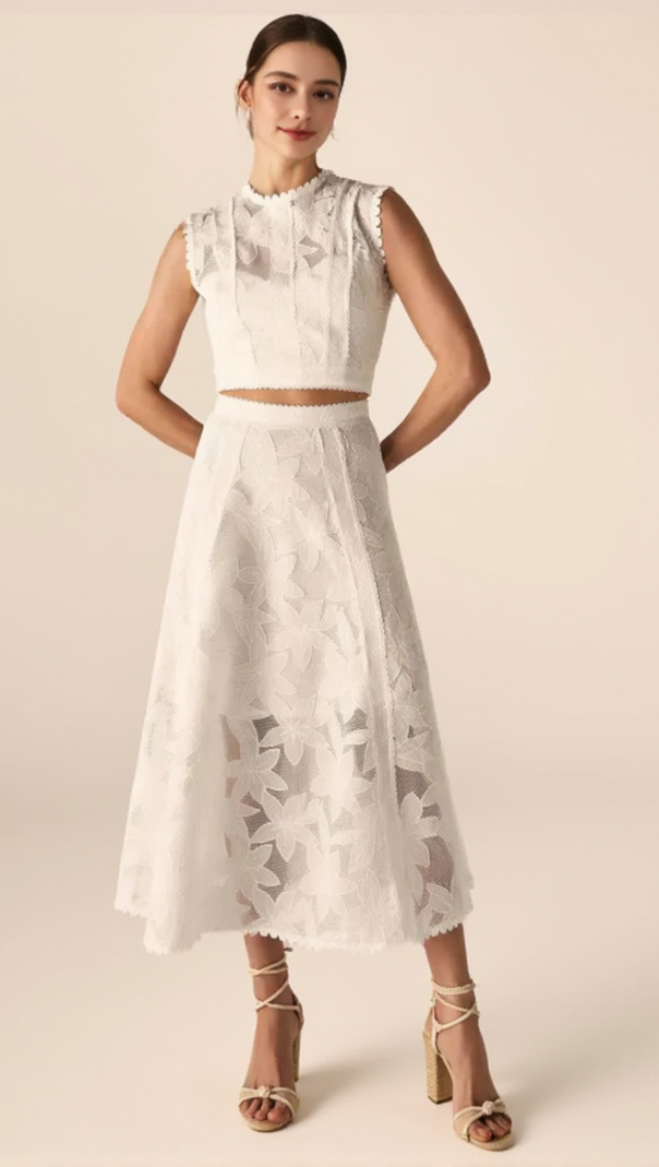 AIIZIE GUIPURE MESH MIDI SKIRT CROP TOP SET IN WHITE - product image