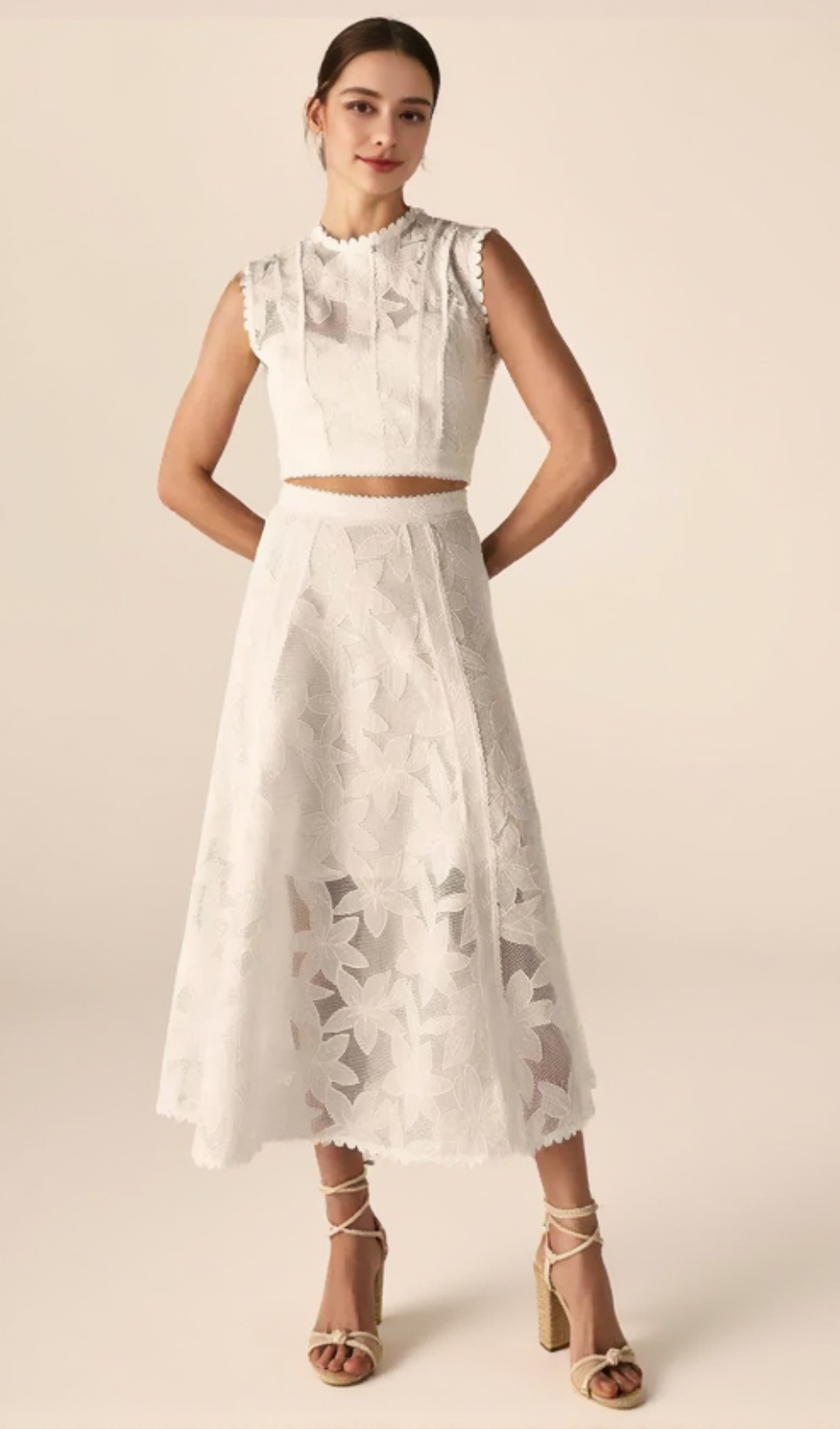 Guipure Mesh Midirock Crop Top Set in Weiß