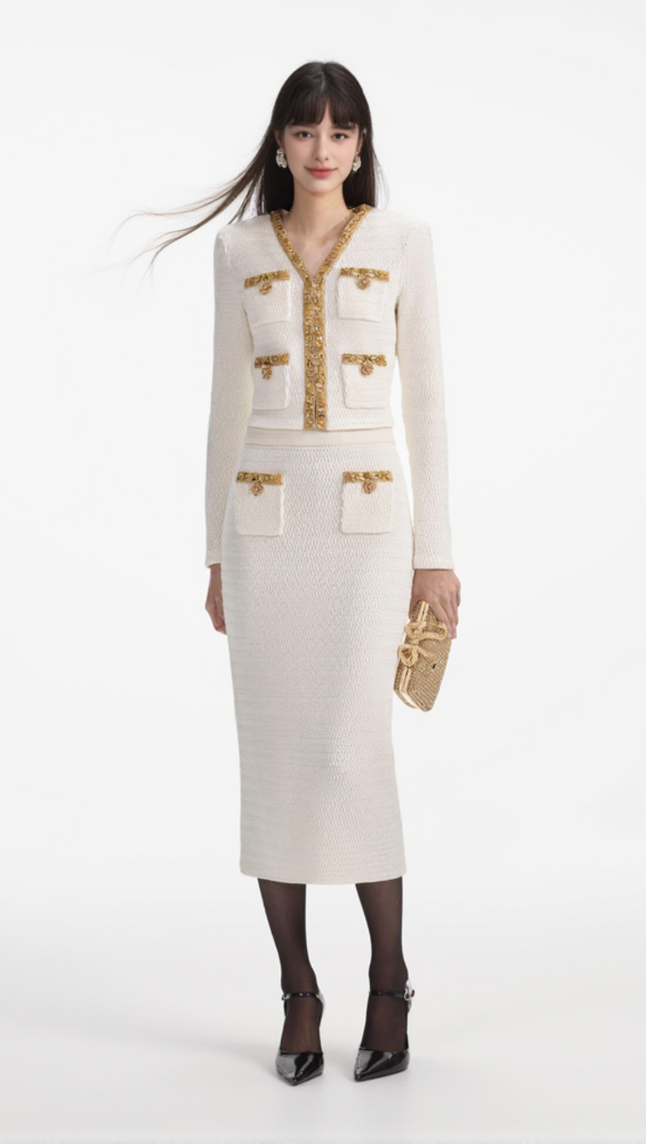 GONNA MIDI IN MAGLIA LUREX CREMA