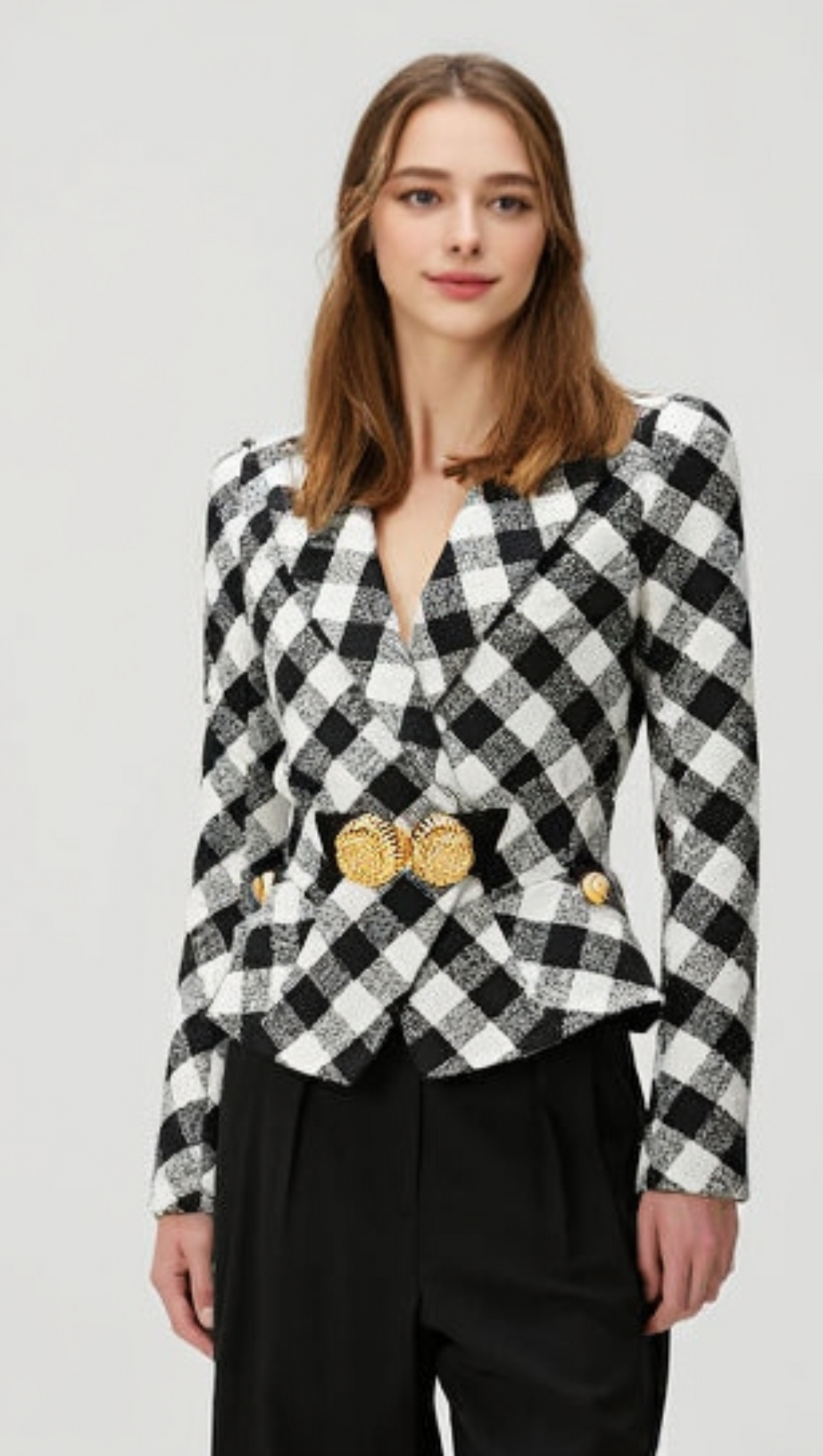 Gingham-Tweedjacke mit Gürtel und zwei Schneckenknöpfen